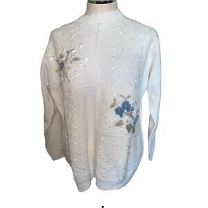 Koret Vintage Knit Floral Embroidered Lace Patchwork Mock Neck Sweater Size XL